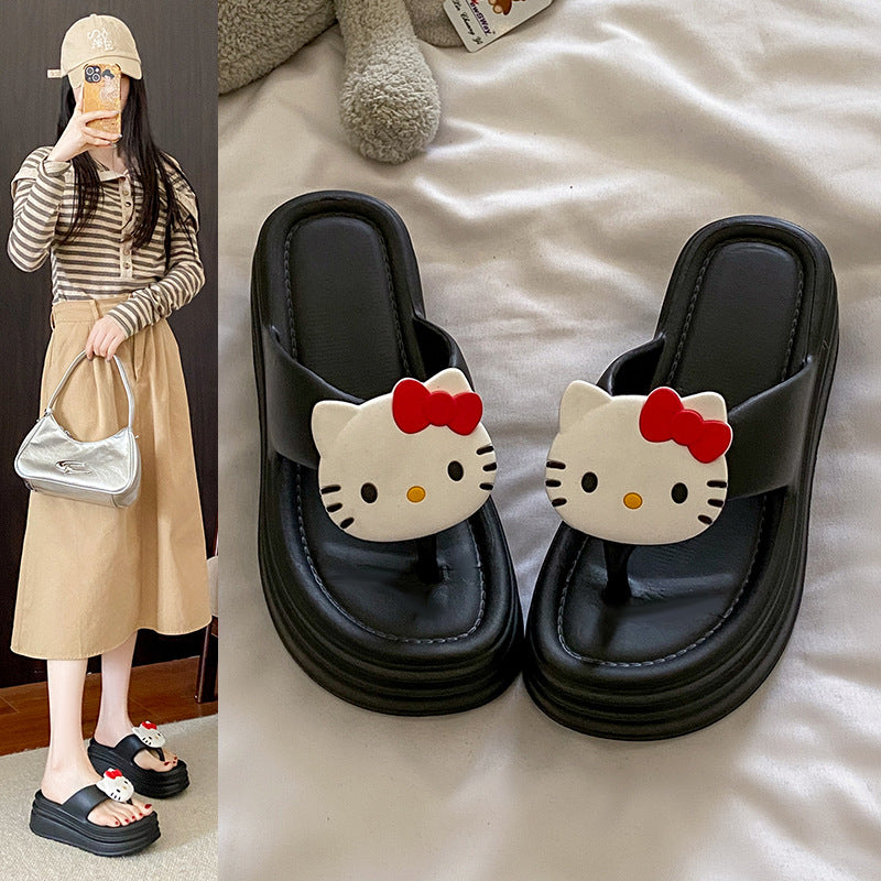Cute hello kitty flip-flops for women, new thick-soled platform wedge sandals, women's summer slippers, height-increasing shoes