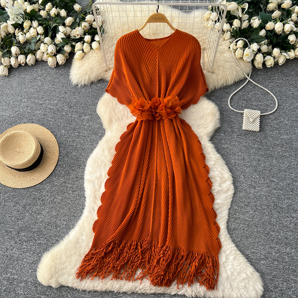 Fashion cross-border miyake pleated dress female v neck waist stereo flower decoration tassel long skirt elegantwork clothing