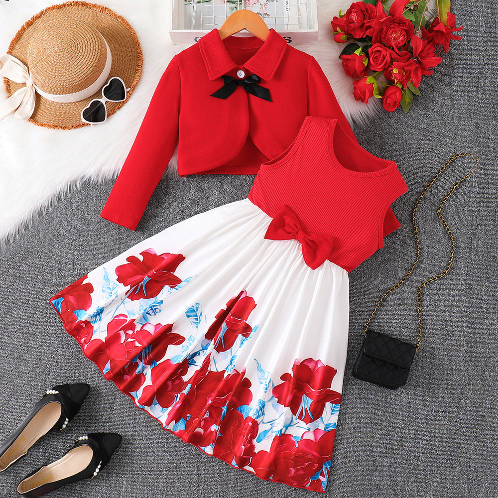 Girls' foreign trade dress set: red lapel jacket, vest dress, printed bowknot two-piece outfit for children