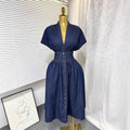 High-end women's dress:  summer collection - sophisticated deep v-neck, cinched waist, button-down, slim-fit, pleated casual denim dress