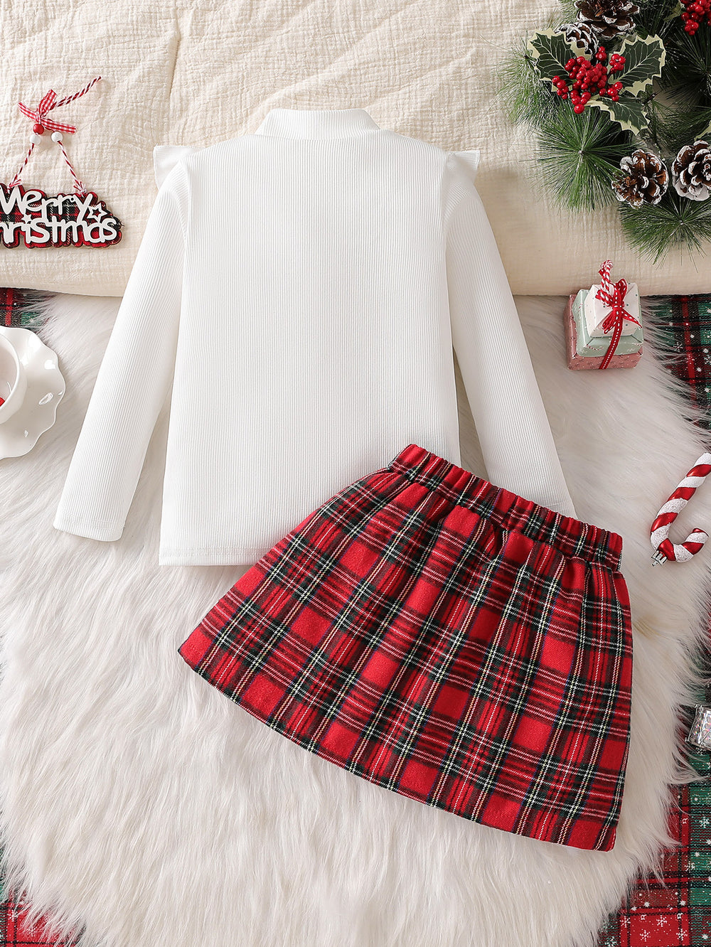 autumn cross-border girls' ruffle collar top + plaid heart patchwork skirt two-piece set