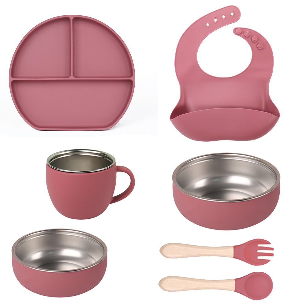 Children's stainless steel 304 silicone tableware set Baby feeding bib Wooden handle Fork spoon Plate bowl Cup 7-piece set
