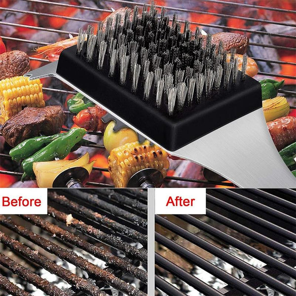 Household Stainless Steel Barbecue Brush Steel Wire Brush Barbecue Grill Grill Cleaning Brush with Scraper Multifunctional Cleaning Tool