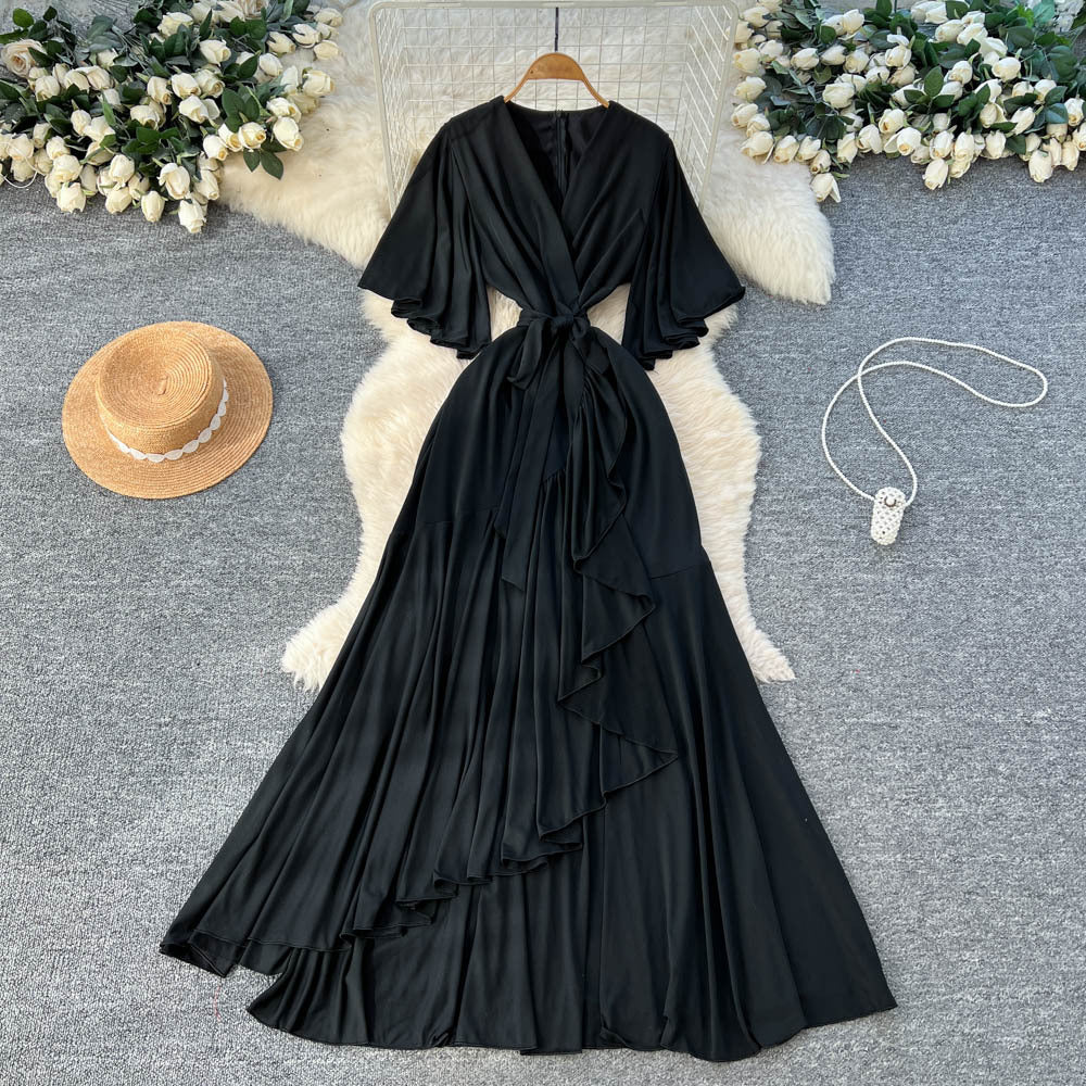 Elegant accessible luxuryclassydressniche stylefrenchfashionv neck bell sleeves tie waist asymmetrical long skirt