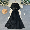 Elegant accessible luxuryclassydressniche stylefrenchfashionv neck bell sleeves tie waist asymmetrical long skirt