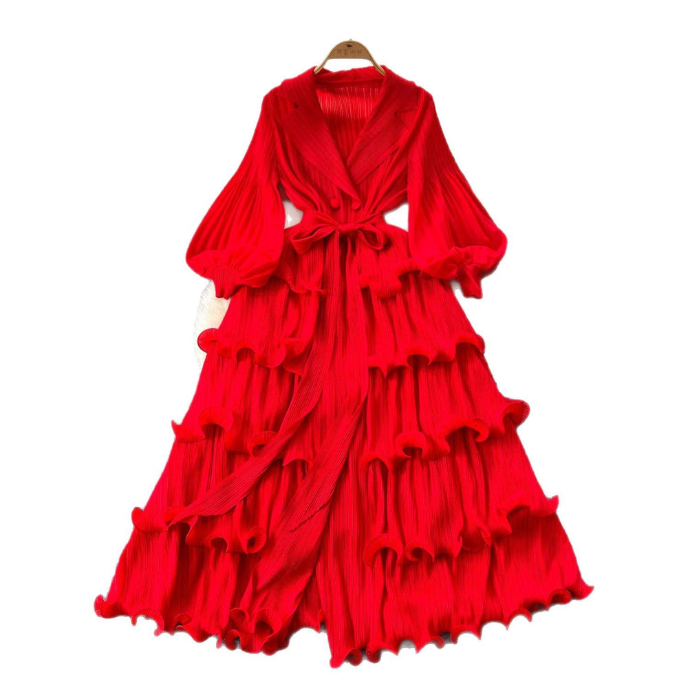 2025 new elegant spring dress: high-end vintage collar lantern sleeve ruched waist ruffle pleated dress for women