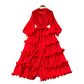 2025 new elegant spring dress: high-end vintage collar lantern sleeve ruched waist ruffle pleated dress for women