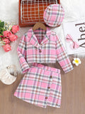 Spring & fallgirlplaidsuittwo-piece setk-style gray pink plaid lapel preppy style hat suit children's skirt