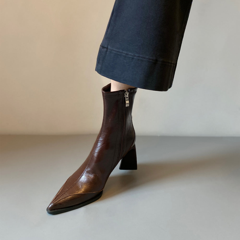 Pointed toe soft leather slim fit ankle boots - high heel, slimming, side zipper, genuine leather, elegant winter boots