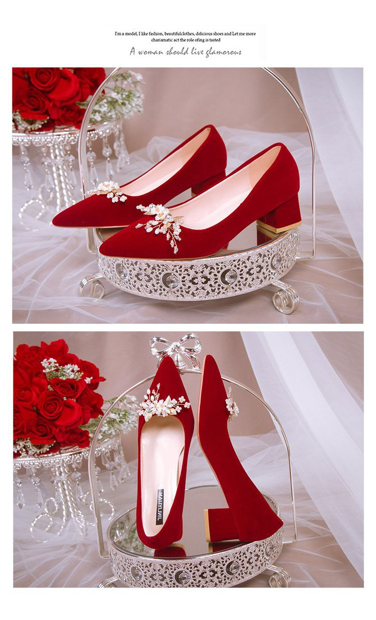 Spring & fall low ankle red pure colorspot viscose shoes thick heel flat heel pointed toe banquet high heels