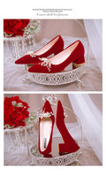 Spring & fall low ankle red pure colorspot viscose shoes thick heel flat heel pointed toe banquet high heels