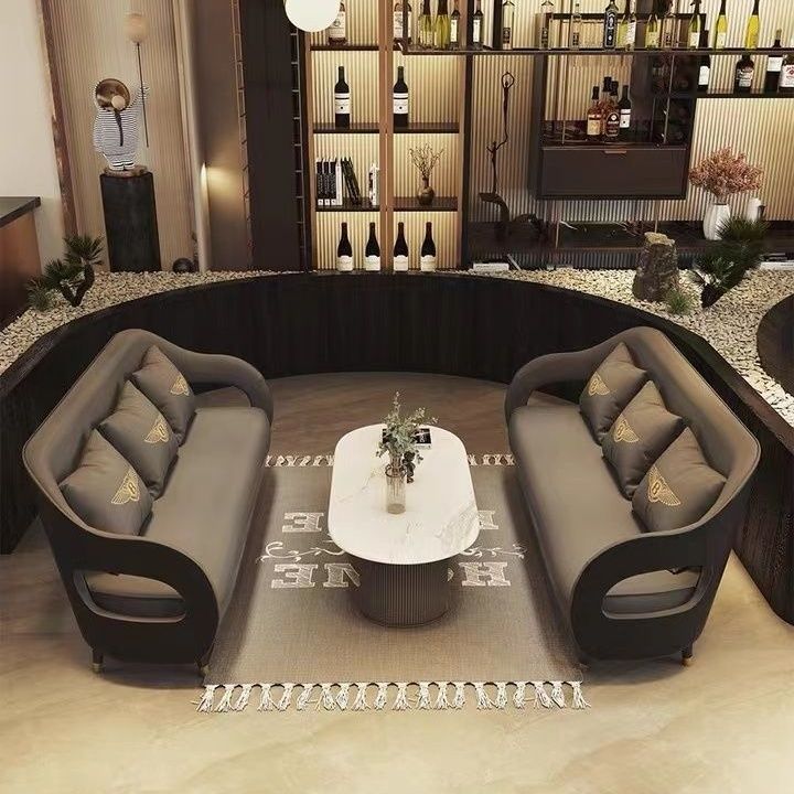 Minimalist commercial reception area casual sofa small round table set hotel reception negotiation table and chairs business leather sofa