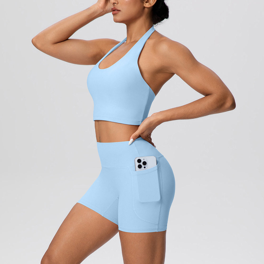 New women's solid color brushed halter tank top and pocket shorts yoga set - two-piece activewear workout outfit