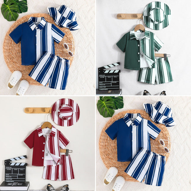 New summer collection: baby & toddler boy's striped color block top + shorts + hat three-piece set - european & american style, cross-border kids' outfit