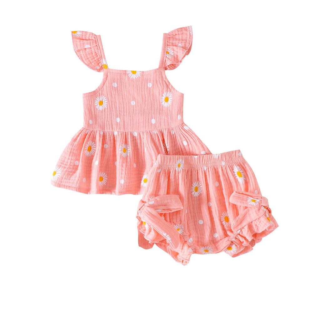 new product fashionsummer baby girl flying sleeve small daisy short-sleeved shorts cute children's clothing wholesale