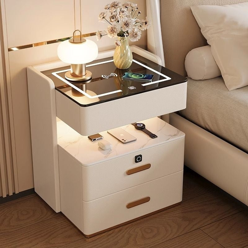 Solid wood smart light luxury bedside table - modern, high-end, home bedroom, minimalist, multifunctional, wireless charging & storage