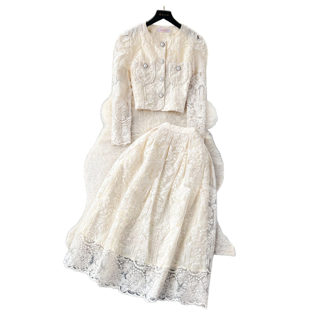 Xiaoxiangfengsuit women's short round neck puff sleeve lacetops high waist large hem skirt women's autumn two-piece set