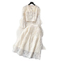 Xiaoxiangfengsuit women's short round neck puff sleeve lacetops high waist large hem skirt women's autumn two-piece set