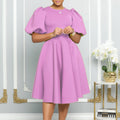 D3178 cross-border fashion  round neck elegant puff sleeve waist large swing dress a-line foreign trade dress