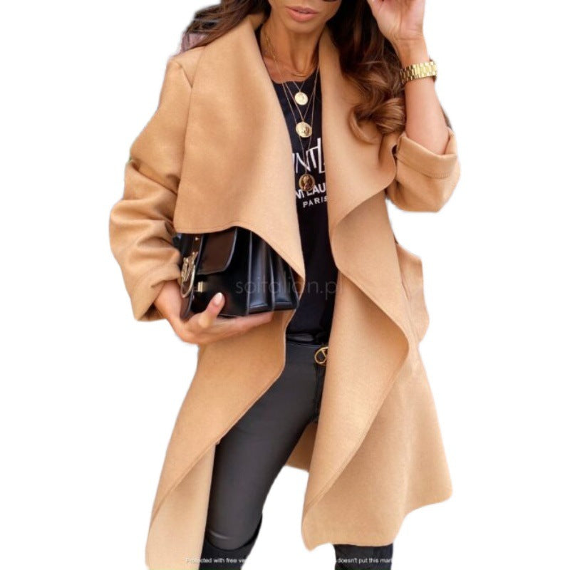 European and American  women  2024 winter new solid color long-sleeved strap coat cardigan loose woolen coat