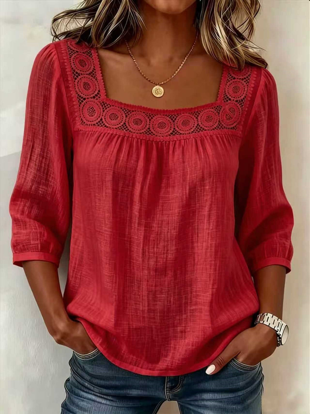 new cross-border  summer solid color casual square neck lace trimmed three-quarter sleeve cotton linen short-sleeve top for women