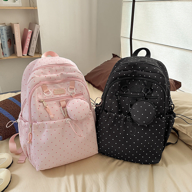 Korean style ins wind dot backpack with headphone holder - cute, fresh, and casual backpack for middle school, high school, and college students
