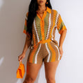 <vip客户>European and american style sexy women's cutout see-through color block turn-down collar knit shorts set</vip客户>