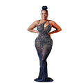C6075 cross-border   fashion women's mesh rhinestone sleeveless v-neck maxi dress