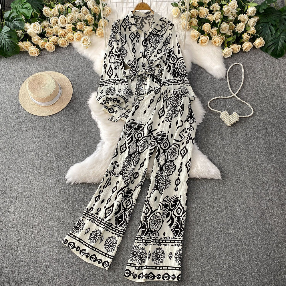 retro style printed lantern sleeve sun protection shirt with turn-down collar and cinched waist + high-waisted slimming wide-leg pants set