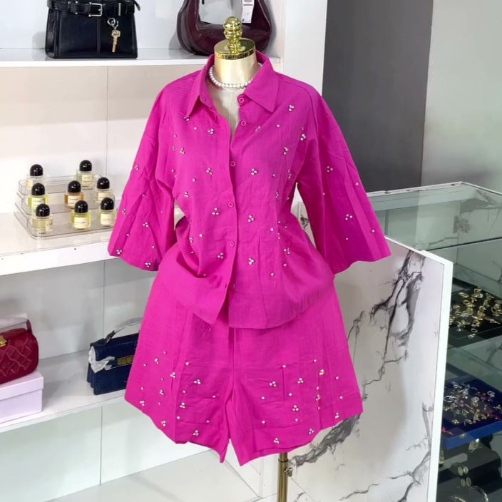 European and american cross-border women's fashion:  summer new arrival - stylish turn-down collar, loose fit, heavily embellished diamond-studded shirt and wide-leg pants set