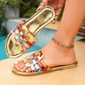 cross-border   new arrivalcontrast color thick heel slippers women's square toe patent leather plaid one-line sandals women's slippers