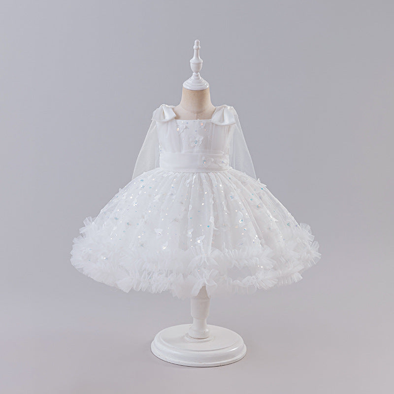 Girls' dress - flutter sleeve, gold foil bow, spaghetti strap, baby cross-border tutu dress - cute birthday party princess outfit