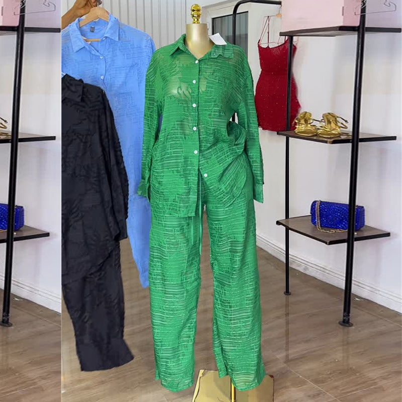 European and american style women's summer  new collection: sweet and fresh turn-down collar patch pocket long sleeve shirt and high-waisted straight-leg pants two-piece set