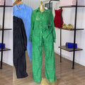 European and american style women's summer  new collection: sweet and fresh turn-down collar patch pocket long sleeve shirt and high-waisted straight-leg pants two-piece set