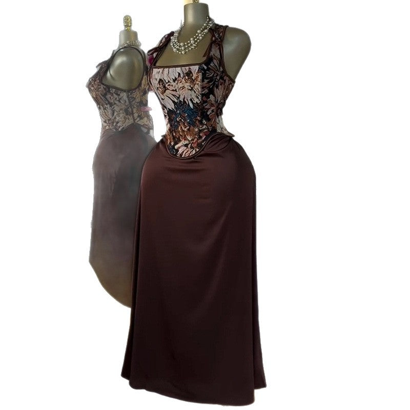 European and american cross-border women's fashion  summer new arrival: elegant printed bowknot vest top and high-waisted midi skirt set