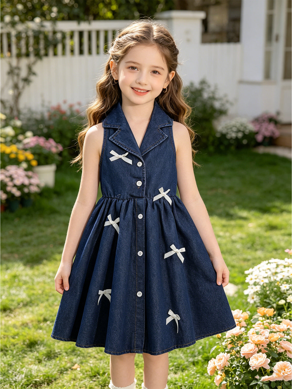new cross-border european and american style girls' halter denim collar dress with denim bow detail
