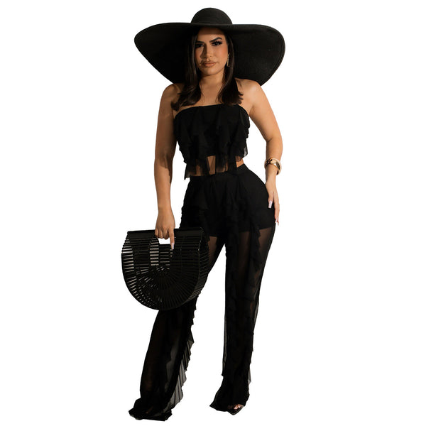 K10069 European and American  women's clothing  popular two-piece set summer casual solid color tube top splicing pants set