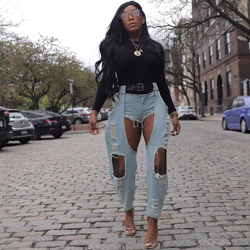 European and american cross-border women's clothing:  women's casual denim jeans, streetwear fashion distressed ripped belted denim pants