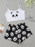exclusive knitted tank top and camisole set with various pattern prints, comfortable and lightweight women's loungewear pajama set with shorts