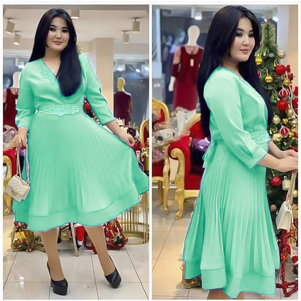 African women's clothing ebey   european and american foreign trade plus size new fresh sweet v-neck pleated skirt
