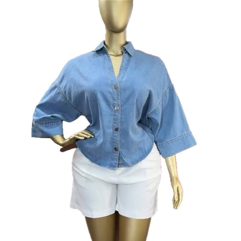 European and american style women's  autumn new collection: sweet and fresh turn-down collar batwing sleeve denim shirt top