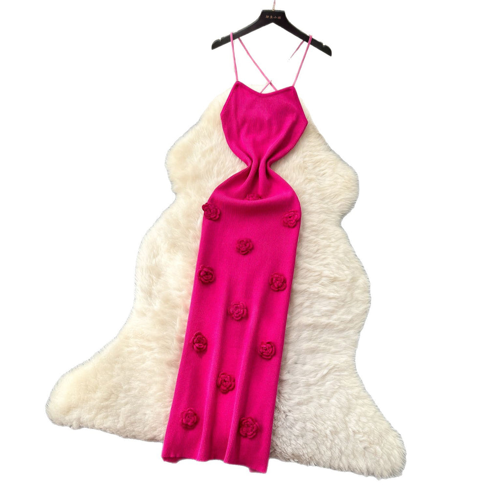European and american style chic cutout backless halter knit dress - women's figure-hugging maxi dress with 3d floral appliqués