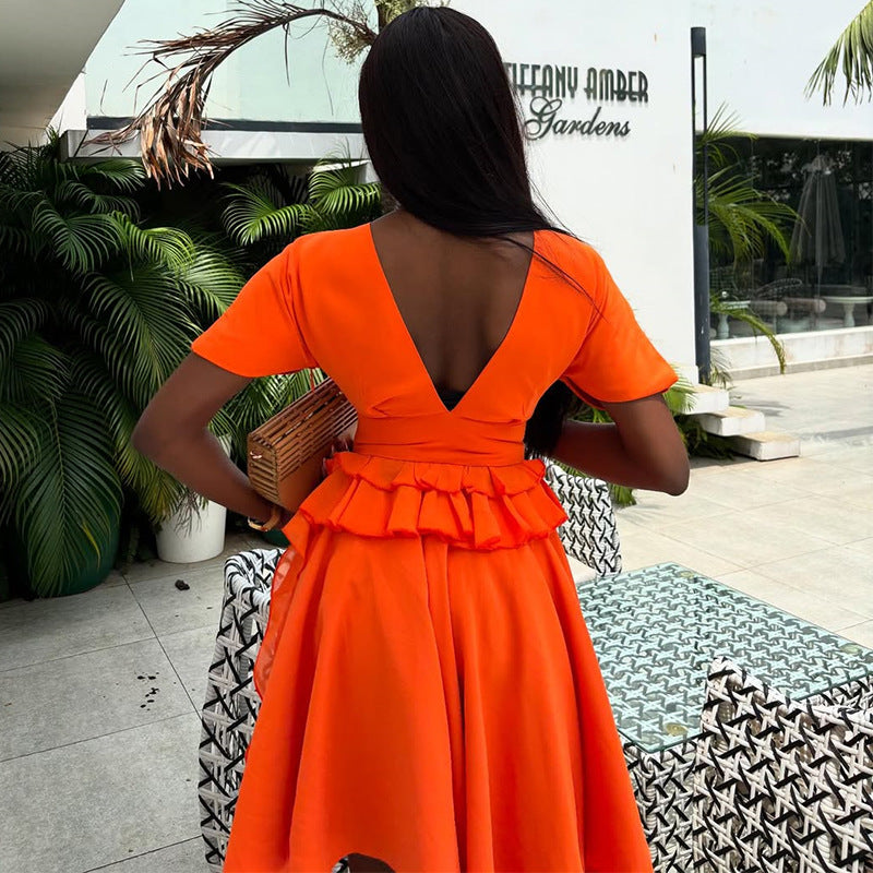 European and American  women's clothing 2025 summer new temperament V-neck ruffle edge short-sleeved top high-waisted skirt set