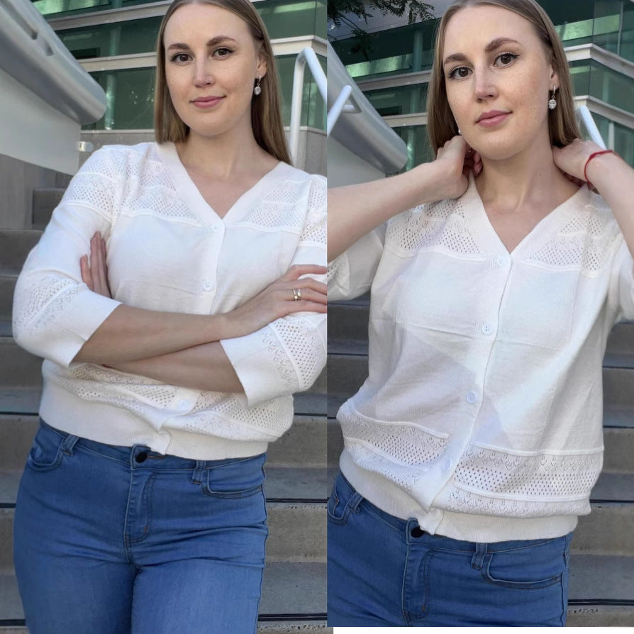 Europe, America,   women's clothing 2025 summer thin shawl seven-quarter sleeve hollow-knit V-neck cardigan
