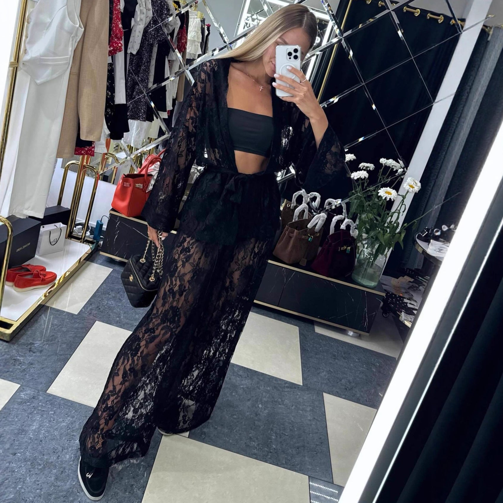 Cross-border European and American sexy lace cardigan shirt trousers  women's clothing solid color hollow fashion new two-piece set women