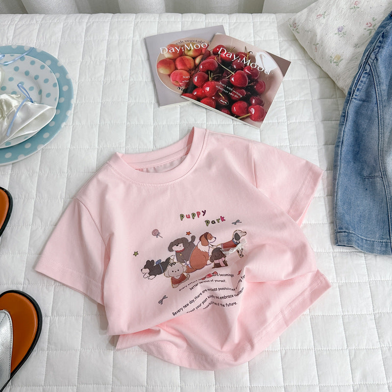 Kids' short-sleeve t-shirt - summer  new korean style cartoon cute puppy girl's top - trendy half-sleeve base layer