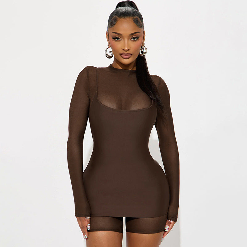 European and american women's clothing  autumn new solid color long sleeve mesh patchwork jumpsuit camisole dress set wholesale