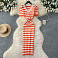 Korean chic goddess style high-end fashion color block striped v-neck puff sleeve cinched waist slimming knitted dress