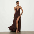 european and american women's clothing  spring/summer new collection: solid color, elegant bandeau, high slit, ruched, sexy bodycon dress