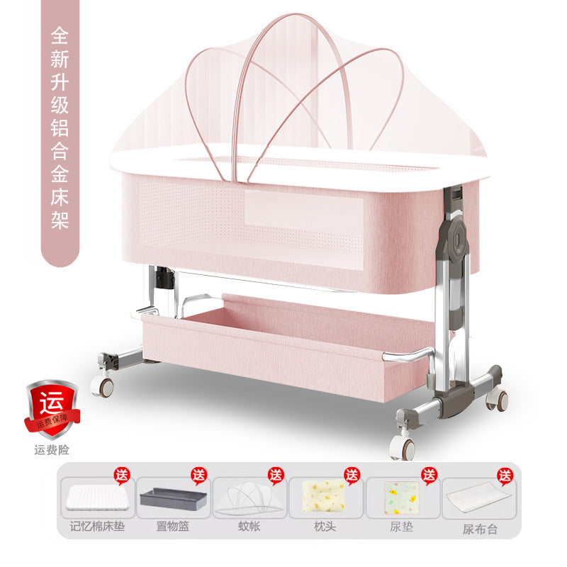 Aluminum alloy baby crib convertible to big bed, multifunctional portable folding children's bed, newborn baby bed with changing table
